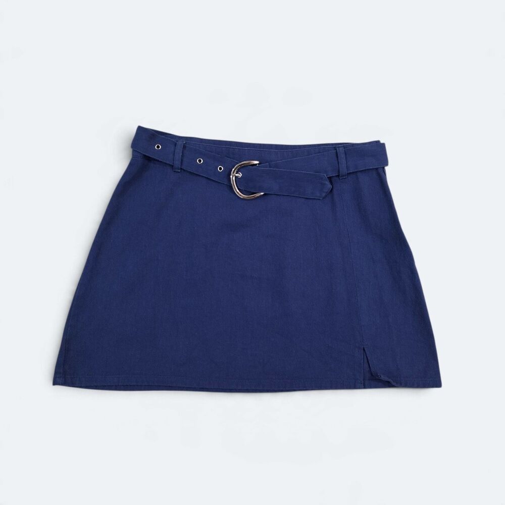NEW day + moon Blue Twill Belted A-Line Mini Skirt Solid Cotton Womens Size L